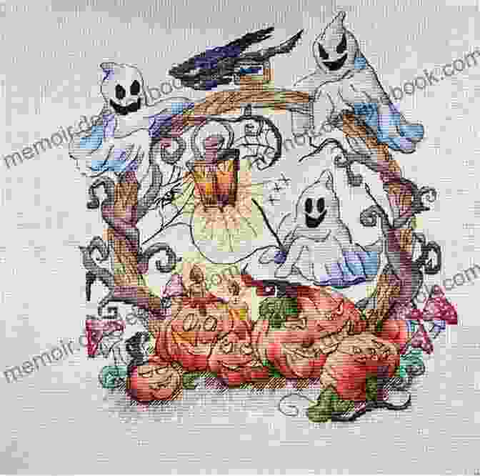 A Photo Of A Finished Halloween Cross Stitch Pattern Of A Ghost A Merry Halloween Cross Stitch Pattern: Regular And Large Print Cross Stitch Pattern