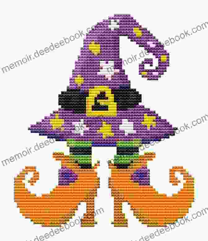 A Photo Of A Finished Halloween Cross Stitch Pattern Of A Witch A Merry Halloween Cross Stitch Pattern: Regular And Large Print Cross Stitch Pattern