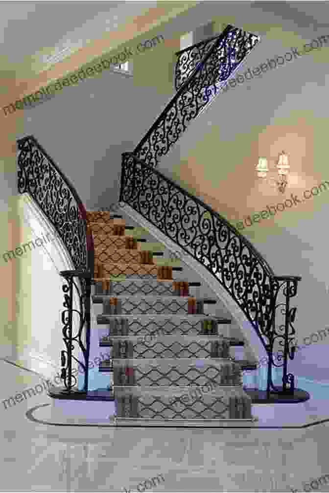 An Elegant, Black Iron Staircase With Intricate Scrollwork Adorns The Wall Of A Grand Living Room. The Iron Staircase (The Glass Staircase 3)